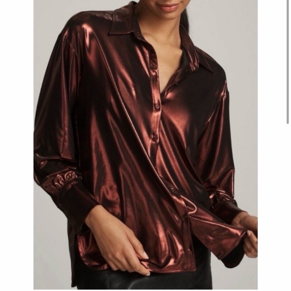 Anthropologie Metallic Shine Button Down Shirt Burgundy Blouse Shimmering Top M